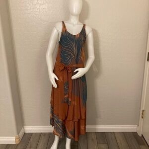 Boho Sleeveless Polyester Rust Bird Dress M\L